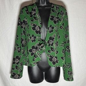 Lush Green Black Floral Tie Front Cropped Top Long Sleeve Crepe Bolero Shrug M